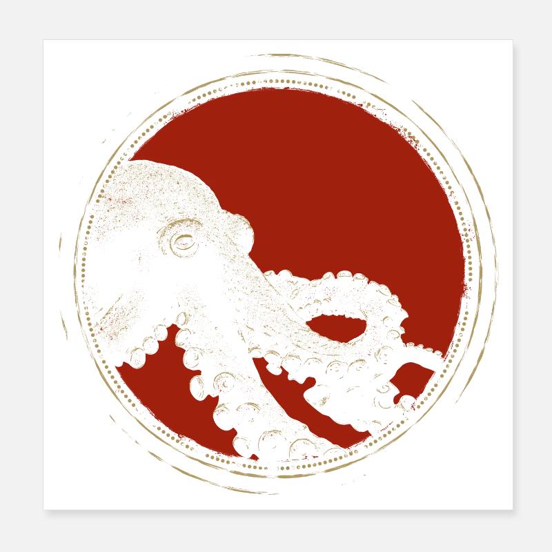 Red Circle Ink Octopus Vintage Poster 8" x 8" (20x20 cm)