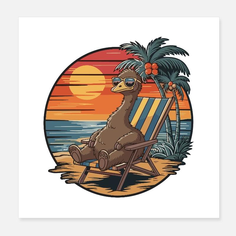 Émeu drôle sur le coucher de soleil des vacances d’été sur la plage Poster 20 x 20 cm