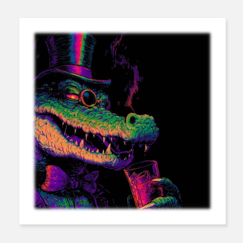 Crocodile néon avec haut-de-forme et boisson Poster 20 x 20 cm