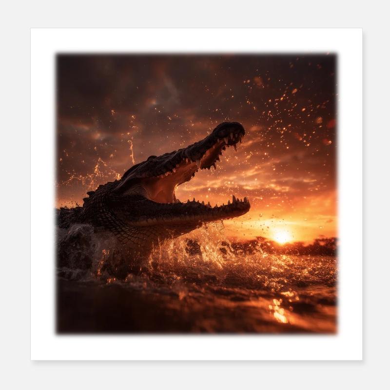 Wild Crocodile Action Sunset River Poster 8" x 8" (20x20 cm)