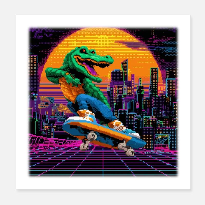 Skating Pixel Krokodil im Retro 80s Synthwave Poster 20x20 cm