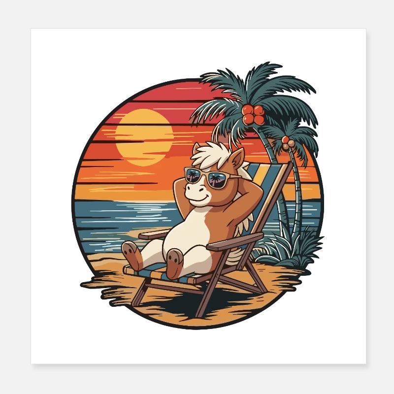 Funny Ponny on Beach Summer Vacation Sunset Poster 8" x 8" (20x20 cm)