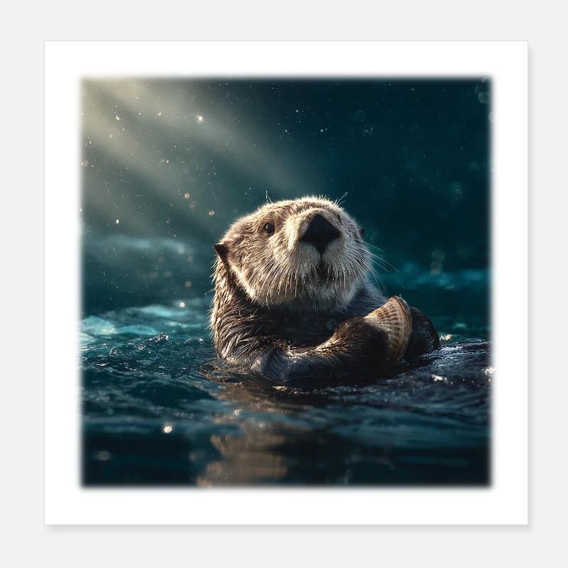 Sea Otter: Relaxing on the Water with a Shell Poster 8" x 8" (20x20 cm)