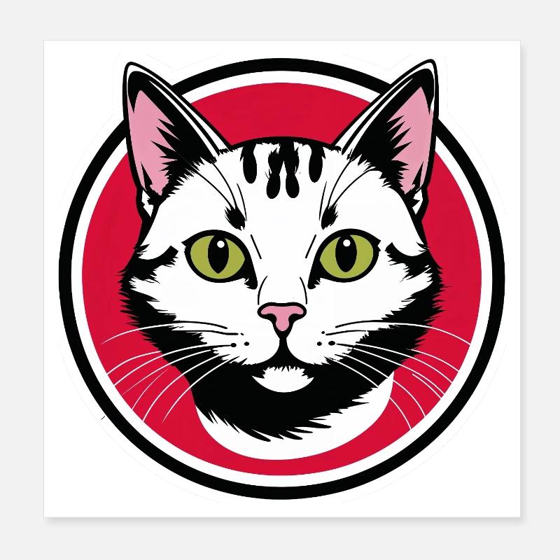 Katzengesicht Emblem im Rotkreis Poster 20x20 cm