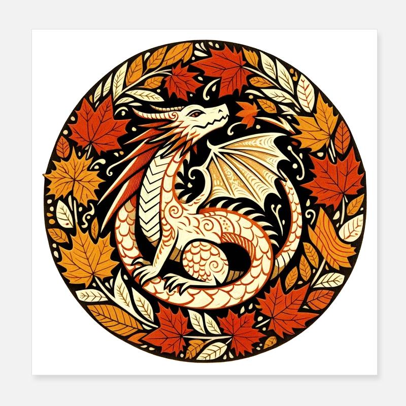 Autumn Dragon Circular Leaf Pattern Poster 8" x 8" (20x20 cm)