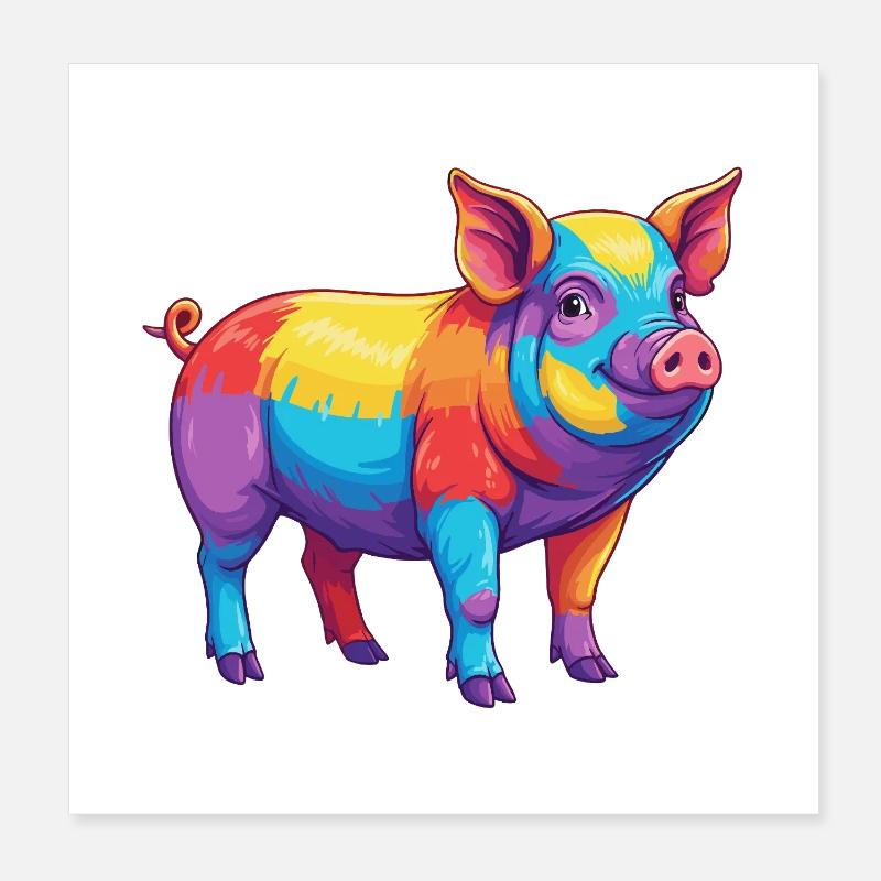 Buntes Schwein-Regenbogen-Pop-Art-Aquarell - Poster 20x20 cm - Weiß