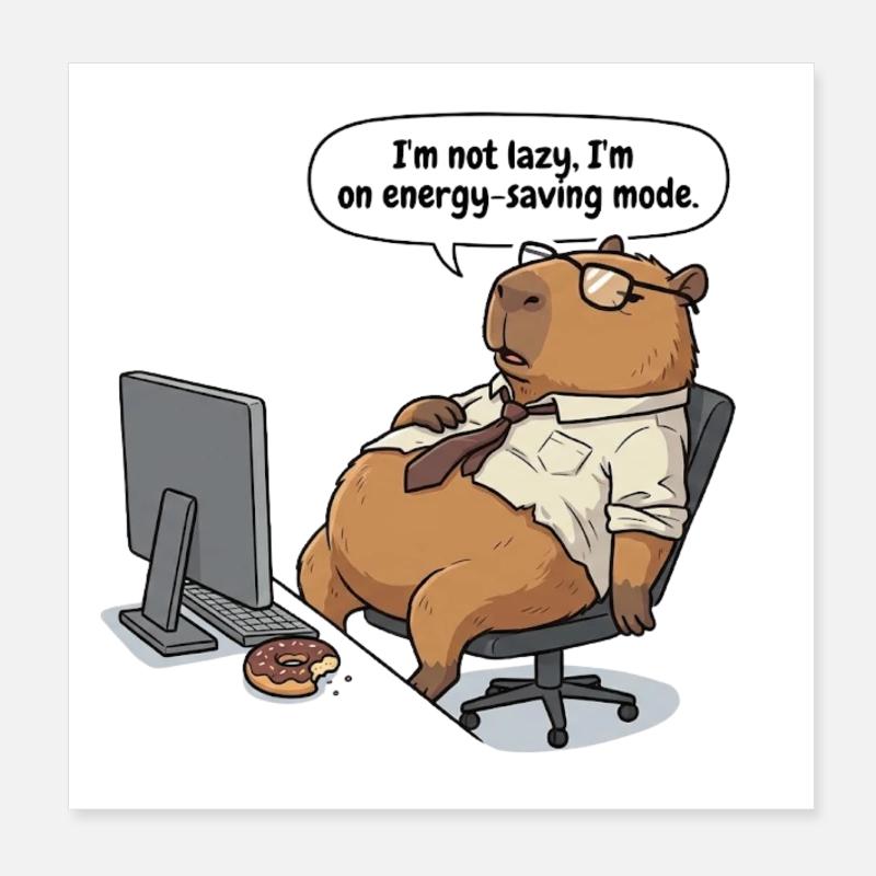 Energy-saving Capybara beaver at the workplace - Poster 8" x 8" (20x20 cm) - white