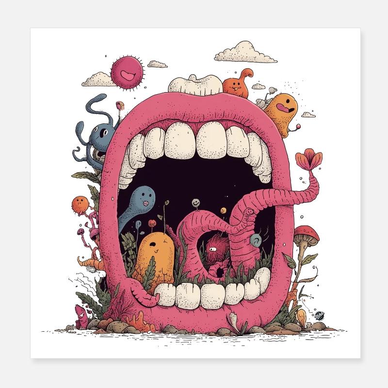 Pink Mouth World with Creatures Poster 8" x 8" (20x20 cm)