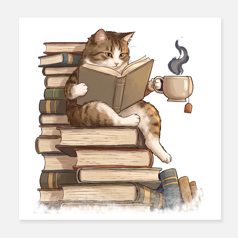 Cat reading books Poster 8" x 8" (20x20 cm)