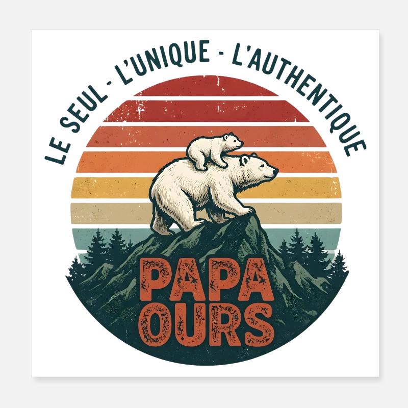 Papa Ours Montagne Retro Soleil - Poster 20 x 20 cm - blanc