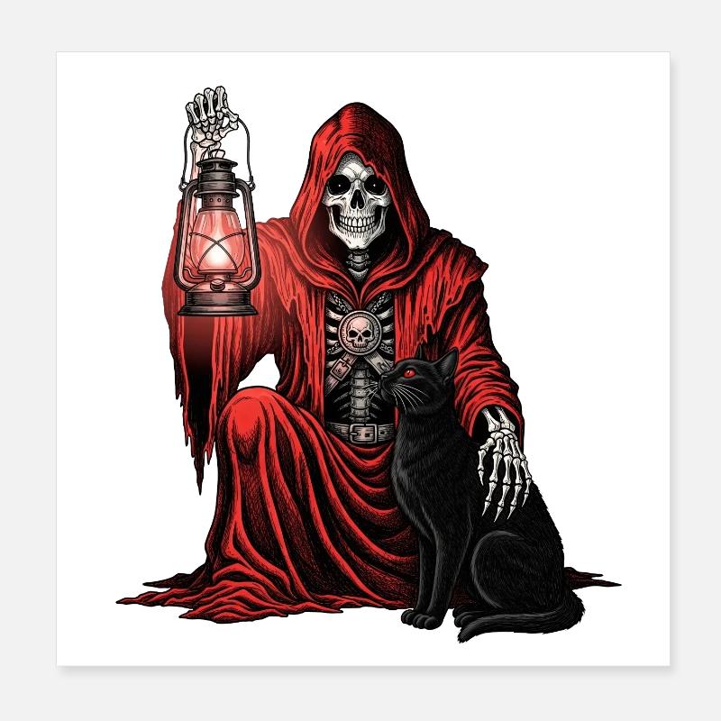 Red Hood Grim Reaper Lantern Cat Poster 8" x 8" (20x20 cm)