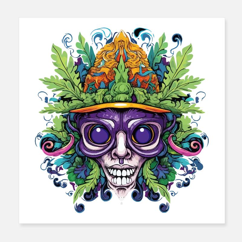 Psychedelischer Schädel mit Blattkrone Poster 20x20 cm