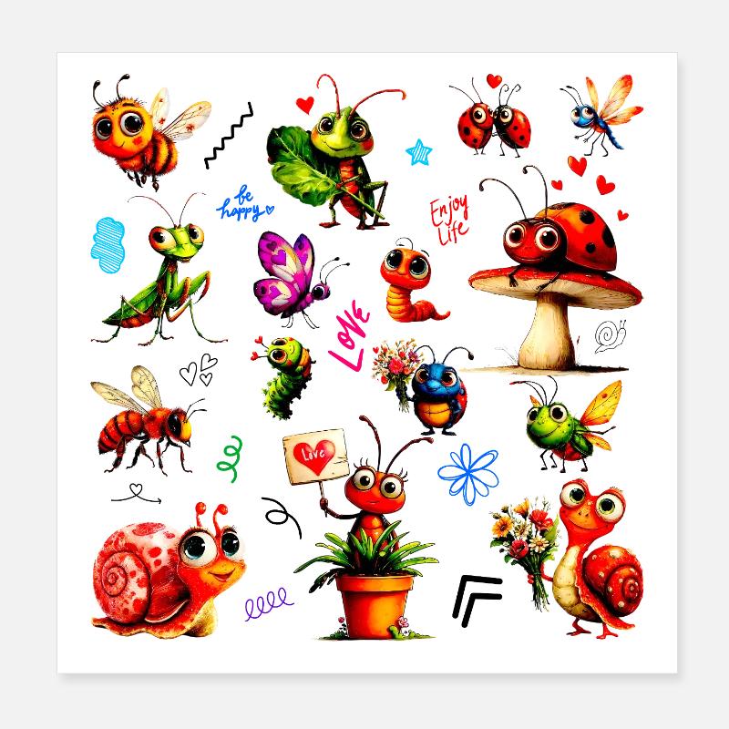 Mignons insectes adorables - Illustration des insectes heureux Poster 20 x 20 cm