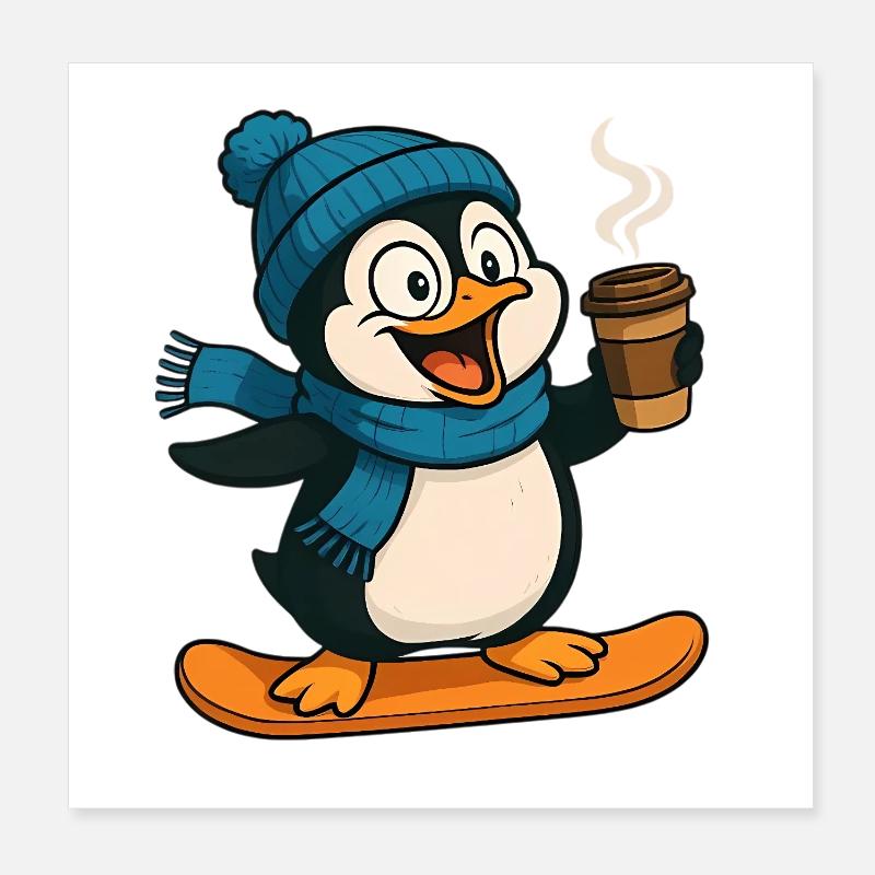 Schneepinguin mit Kaffee und Schal Poster 20x20 cm