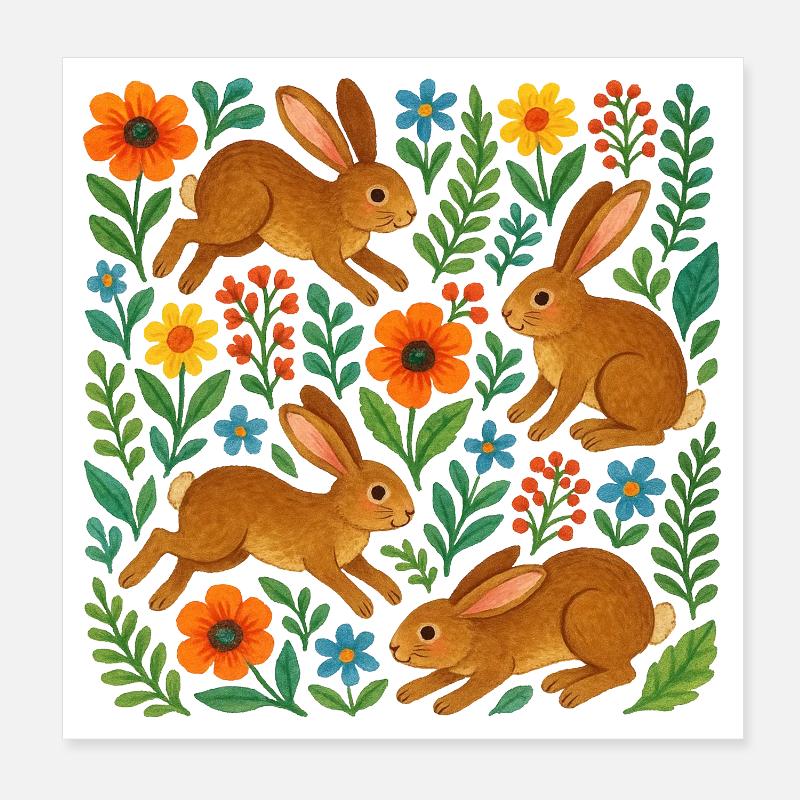 Spring Meadow Rabbits in Bloom Poster 8" x 8" (20x20 cm)
