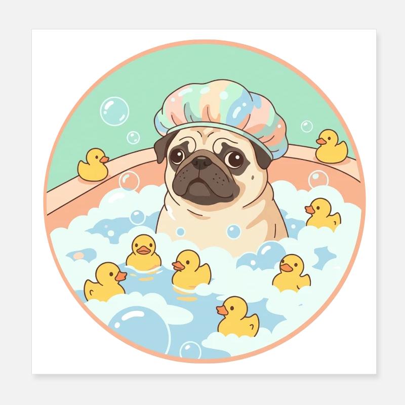 Mopps beim Badespaß Poster 20x20 cm