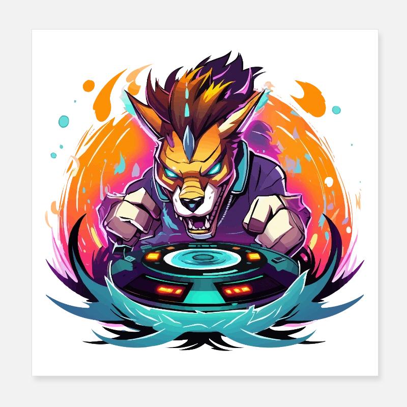 Wolf DJ Neon Fire Poster 20 x 20 cm