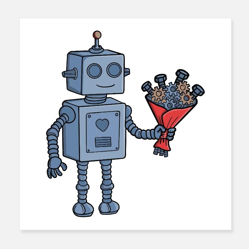 Robot de la Saint-Valentin mignon avec bouquet d’engrenages mécaniques Poster 20 x 20 cm
