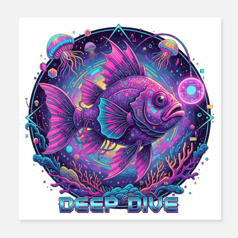 Deep Dive Neonfisch Unterwasser Poster 20x20 cm