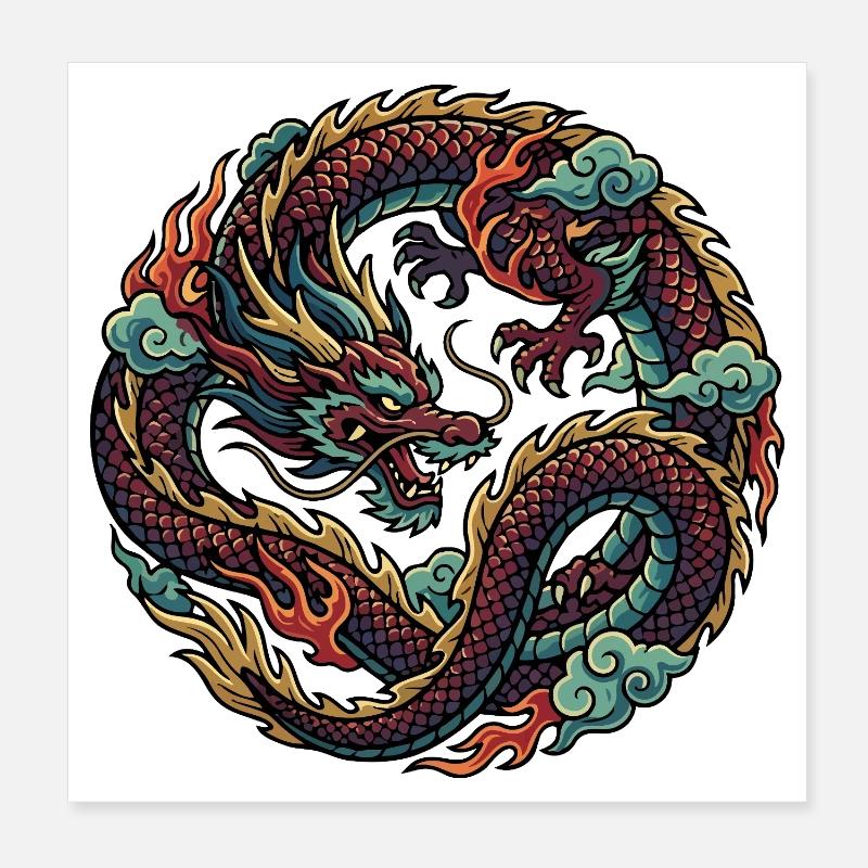 Circling Fire Dragon Cool Dragon Fire Motif Poster 8" x 8" (20x20 cm)