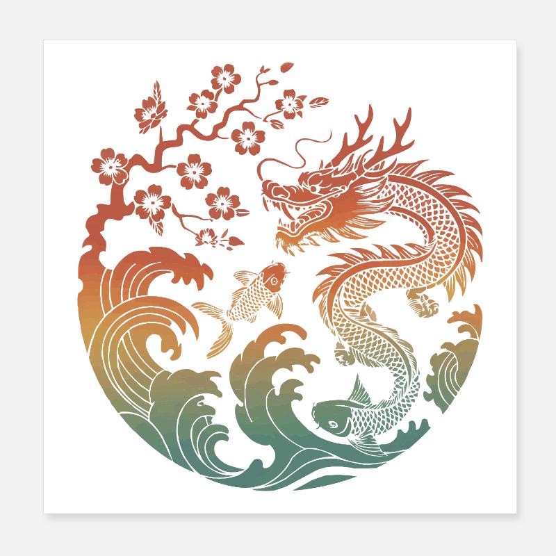 Drache & Koi Kreisdesign Poster 20x20 cm