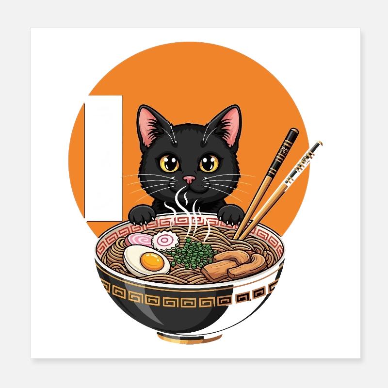 Chat Kawaii mignon mangeant des ramen Anime japonais drôle Poster 20 x 20 cm