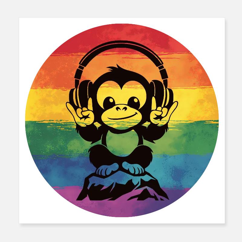 Rainbow DJ Monkey – Signe de la main rock casque Poster 20 x 20 cm