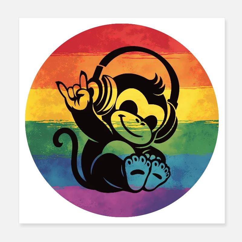 Regenbogen Affe – Kopfhörer Rockhandzeichen Poster 20x20 cm
