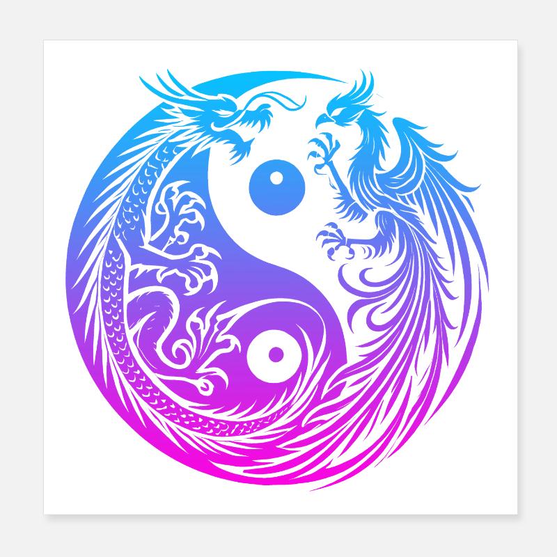 Yin Yang Dragon and Phoenix Neon Poster 8" x 8" (20x20 cm)