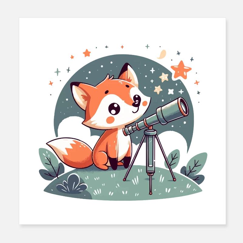 Fuchs am Teleskop unter Sternen Poster 20x20 cm