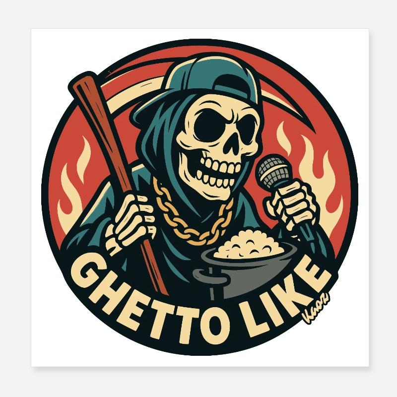 Skelett mit Mikrofon und Ghetto Like Poster 20x20 cm