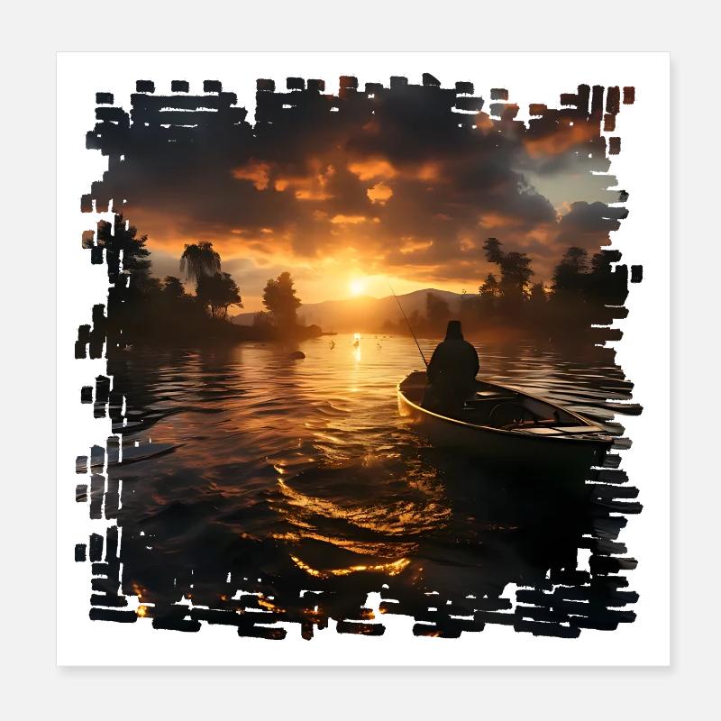 Sonnenuntergang am See mit Bootfischer Poster 20x20 cm