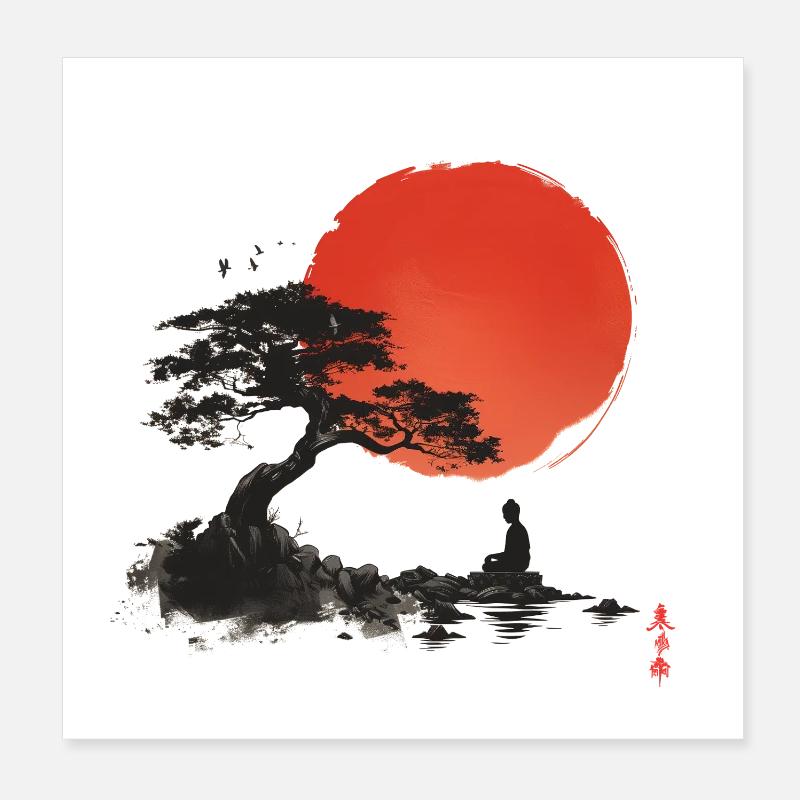 Zen au coucher du soleil au lac rocheux Poster 20 x 20 cm