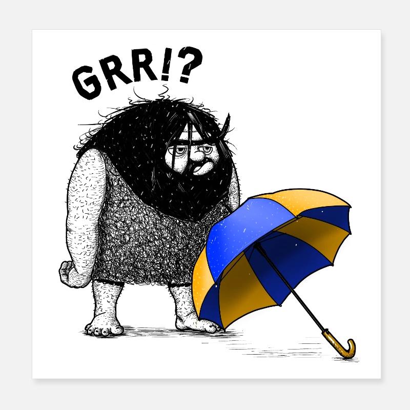Höhlenmensch mit Regenschirm Poster 20x20 cm