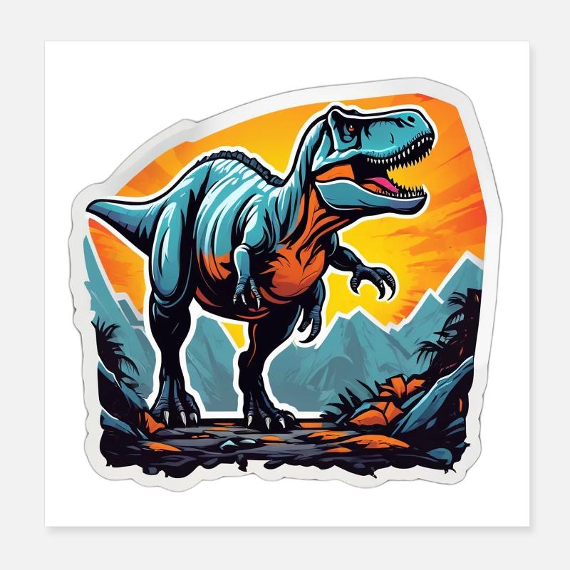 T-Rex at sunset over mountains Poster 8" x 8" (20x20 cm)