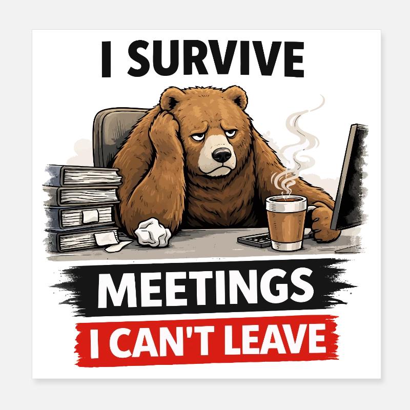 Survive Meetings Bear Desk Coffee Poster 20 x 20 cm