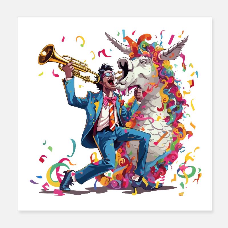Trompeter und Regenbogen-Einhorn Poster 20x20 cm