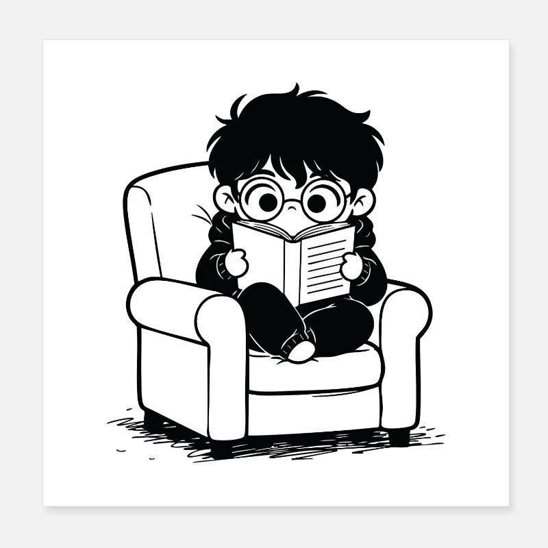 Sticker Enfant Lisant Fauteuil Cosy Noir et Blanc Poster 20 x 20 cm