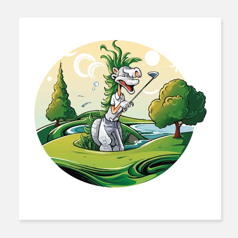 Duo de golf Dino sur une prairie verte Poster 20 x 20 cm