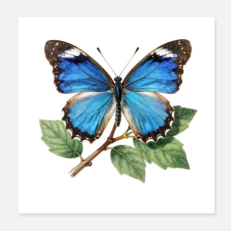 Papillon bleu sur branche Poster 20 x 20 cm