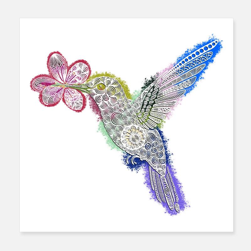 Colibri Zentangle avec fleur Poster 20 x 20 cm