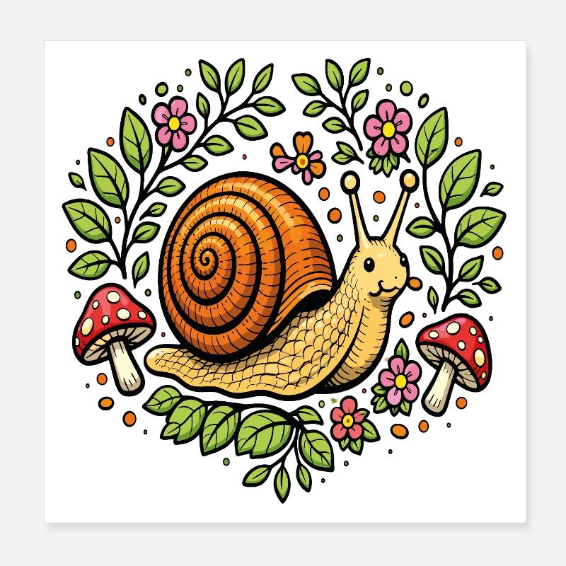 Escargot mignon fleurs et champignons Poster 20 x 20 cm