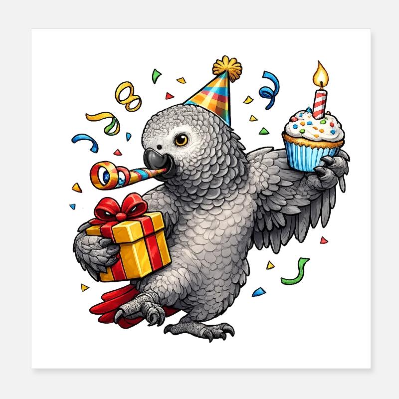 Anniversaire du perroquet gris d’Afrique Poster 20 x 20 cm
