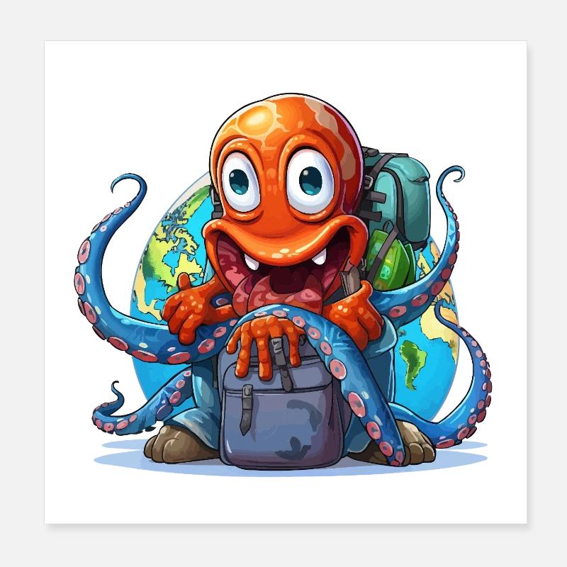 Reise-Oktopus mit Weltkugel Poster 20x20 cm