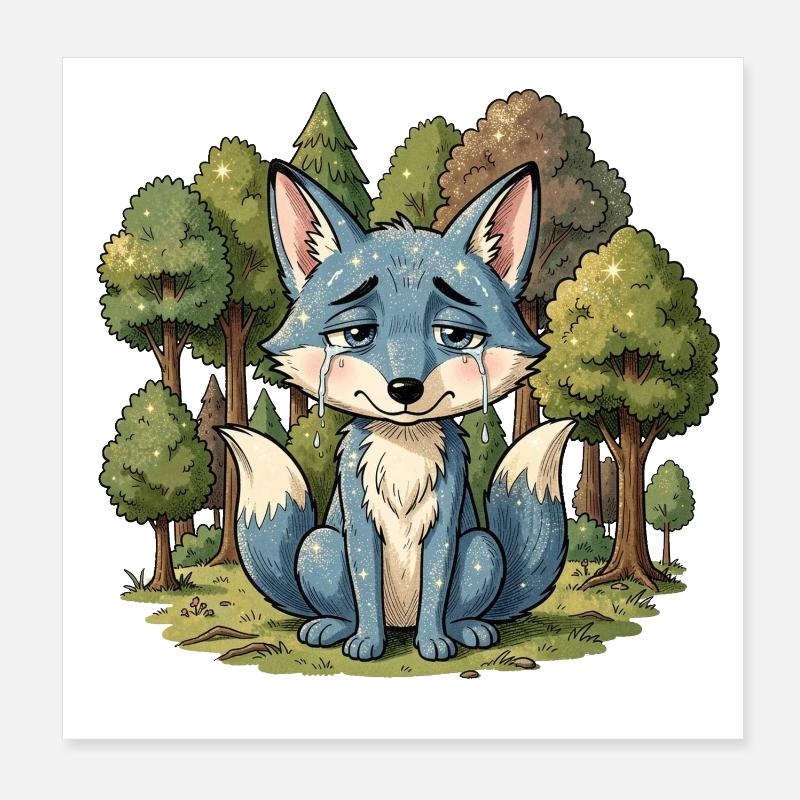 Blue fox animal sad forest Poster 8" x 8" (20x20 cm)