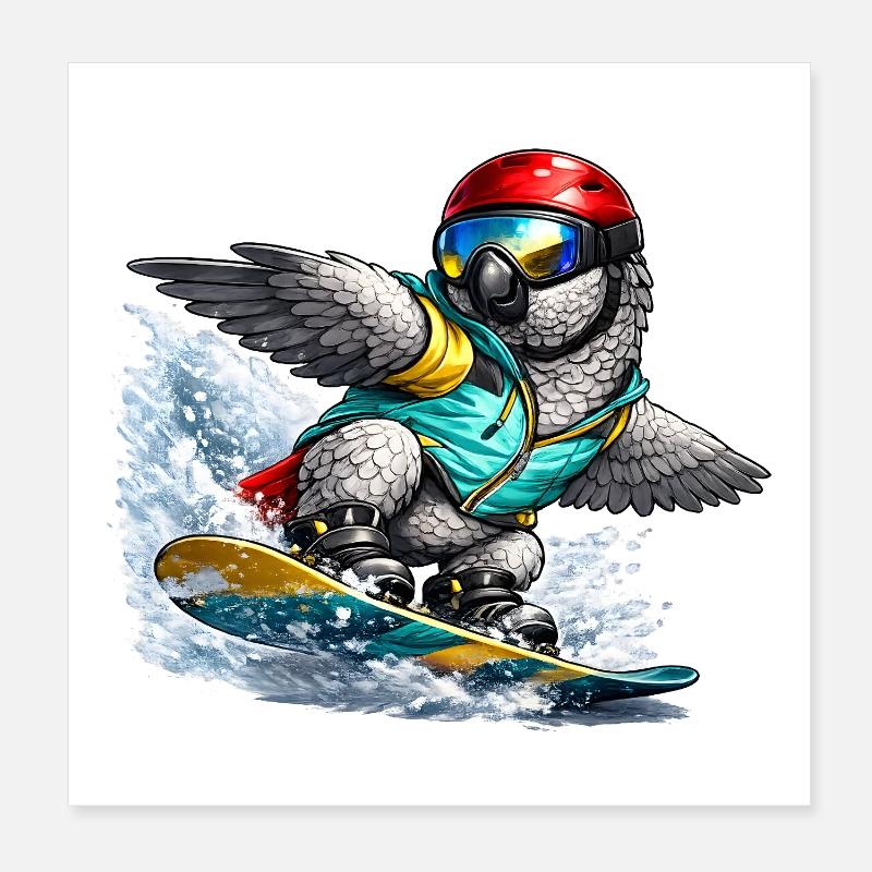 Snowboard perroquet gris d’Afrique Poster 20 x 20 cm