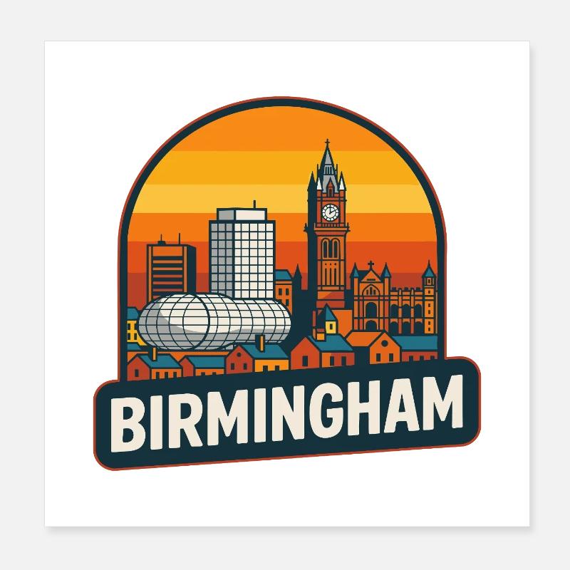 Vintage Birmingham Skyline Retro Sunset Design Poster 8" x 8" (20x20 cm)