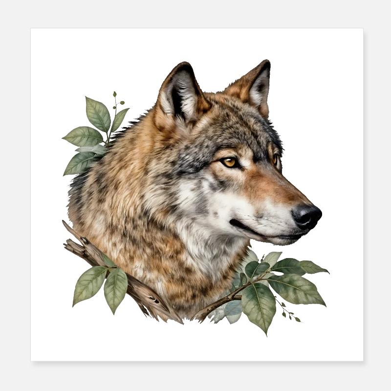 Wolf umgeben von Laub Poster 20x20 cm