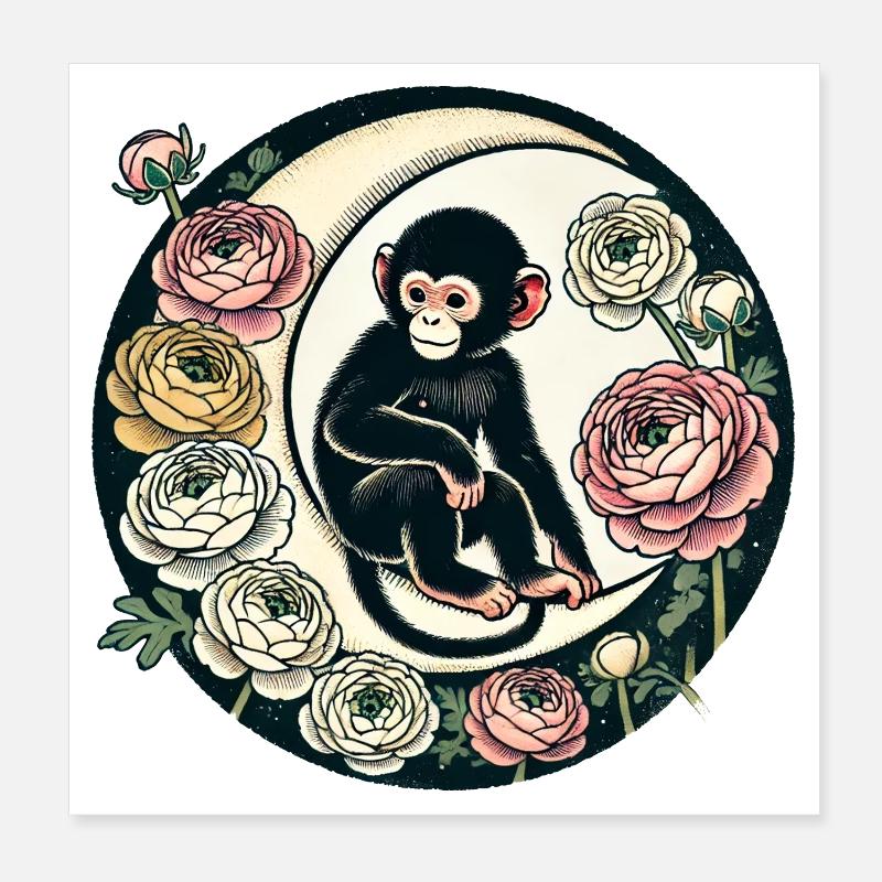 Cercle de singes et roses au clair de lune Poster 20 x 20 cm