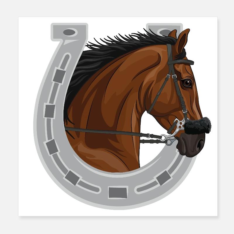 Der Kopf eines braunen Pferdes und eines Hufeisens Poster 20x20 cm